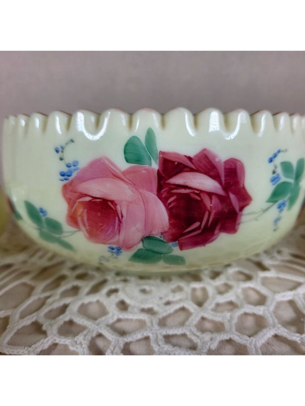 Antique Jefferson Optic Custard Glass Berry Bowl Set 7 Pc Hand Painted Roses Gol - Picture 2 of 15